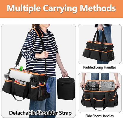 HODRANT Large Grill Utensil Caddy with Detachable Cooler, Collapsible Picnic Organizer with Paper Towel Holder for Griddle Accessories, Tailgating Accessory Basket for Outdoor Cooking Supplies, Black