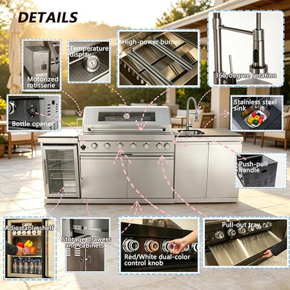 Outdoor Kitchen Island with Gas Grill, Stainless Steel Modular Outdoor Kitchen, Outdoor Grill Station with Refrigerator and Faucet Sink, for Backyard, Patio, Poolside