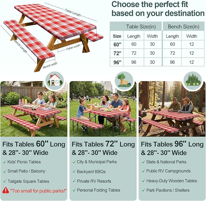 Picnic Table Cover Bench Covers Camping Essentials Tablecloth | Waterproof Vinyl for Outdoor, Windproof Elastic Fitted Edges, RV BBQ Accessories Must Haves, Storage Bag Included