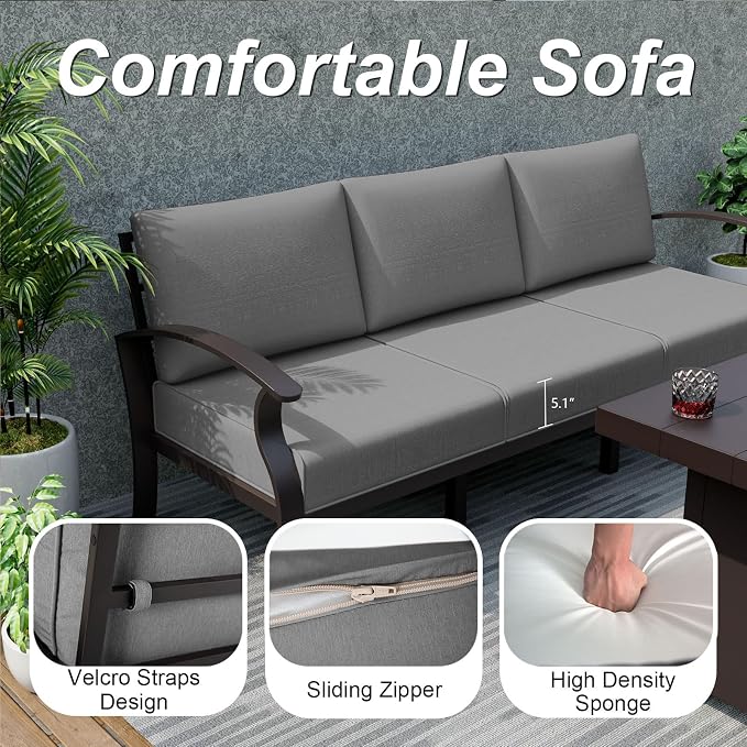 ALAULM Aluminum Patio Furniture Set with 2 Swivel Chairs 10-seat Metal Outdoor Furniture Patio Sectional Sofas Patio Conversation Set w/5.1" Cushions for Patio, Backyard, Poolside-Grey