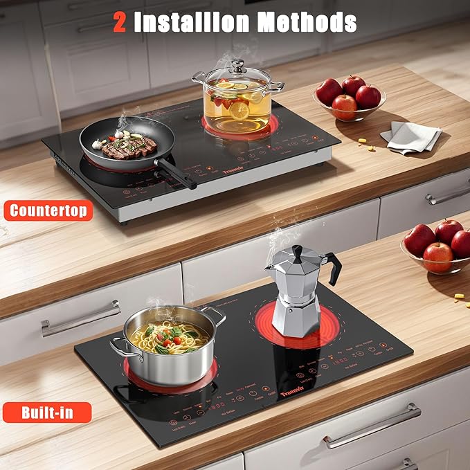 2 Burner Electric Cooktop, Two Burner Electric Stove 24 Inch, 2000W Countertop & Built-in Ceramic Cooktop for Camping, Outdoor, Child Lock, Timer, 8 Power Levels, 110V-120V Plug in, Orange