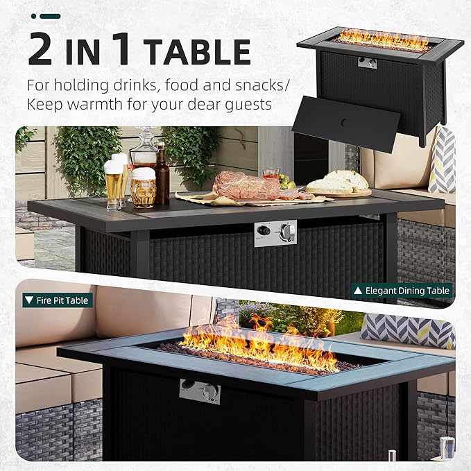 44 inch Propane Fire Pit Table, 50,000 BTU Outdoor Gas Fire Pit Table with Lid, Waterproof Cover, Rectangle Gas Firepit Table for Garden/Patio