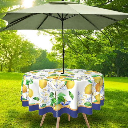 Honellaty 60 Inch Round Outdoor Tablecloth with Umbrella Hole and Zipper, Waterproof Wipeable Lemon Tablecloth for Patio Table, Backyard BBQ and Picnic
