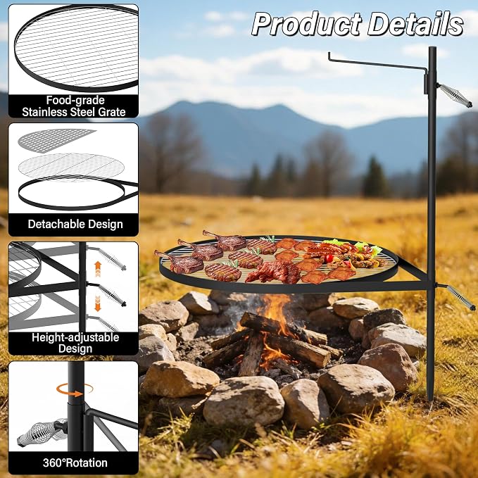 24" Fire Pit Grill w/304 Stainless Steel Grate, Portable Carry Bag | Swivel Grill Grate, 360° Rotatable, Height Adjustable, Easy Setup, Perfect for Hiking, Picnics & Family BBQs