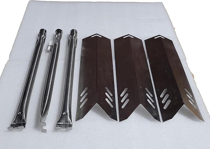 Set of Three Porcelain Steel Replacement Heat Plates and Stainless Steel Burners for Master Cook 3 Burner Grill Model
