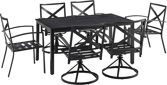 Crosley Furniture Kaplan 7-Piece Outdoor Dining Set for 6, Patio Table and Chairs for Backyard, Deck, Oiled Bronze with Mist Cushions