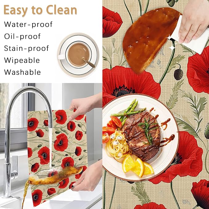 Poppy Flowers Placemats Set of 6,Red Bright Table Mates Non-Slip Heat Resistant Washable Linen Place Mats for Party Kitchen Dining Decoration Indoor Outdoor 12"x18"
