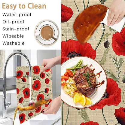 Poppy Flowers Placemats Set of 6,Red Bright Table Mates Non-Slip Heat Resistant Washable Linen Place Mats for Party Kitchen Dining Decoration Indoor Outdoor 12"x18"