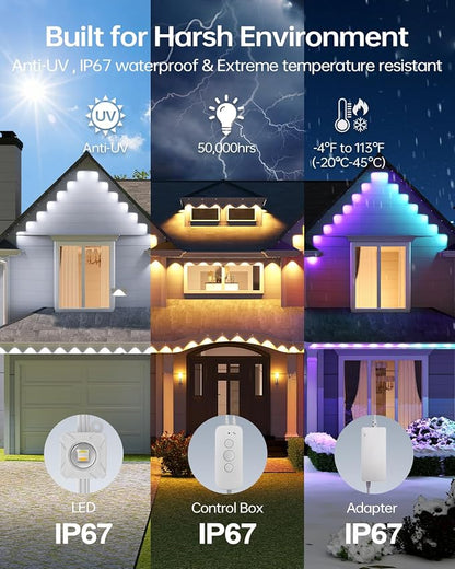 ASAHOM Permanent Outdoor Lights Pro S108B, 100FT with 72 RGBCW LEDs, White | Up to 70lm, WLED Integrated, 30,000 Dynamic Effects, AI Lighting, Dual Output, for Outdoor Holiday Decor and Daily Lighting