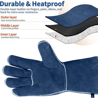 vclpower Welding Gloves Fire Heat Resistant Fireproof Leather for Welding Fire Pit Wood Stove Campfire Furnace BBQ Baking,Grill Oven Stick Mig Tig Gear L