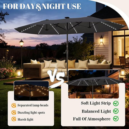 GDPFN 15ft Rectangular Patio Umbrella with Solar LED Lights, Double-Sided Outdoor Market Umbrella with Base Included, Extra Large Shade for Pool, Deck, Backyard, Garden, Dark Gray