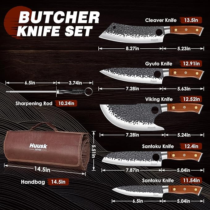 Huusk Butcher Knives for Meat, Hand Forged Carbon Steel Viking Kitchen Knife Set with Roll Bag, Meat Cleaver Chef Knife Sets for Cooking Camping BBQ, Gift for Men Husband