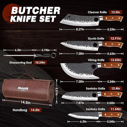 Huusk Butcher Knives for Meat, Hand Forged Carbon Steel Viking Kitchen Knife Set with Roll Bag, Meat Cleaver Chef Knife Sets for Cooking Camping BBQ, Gift for Men Husband