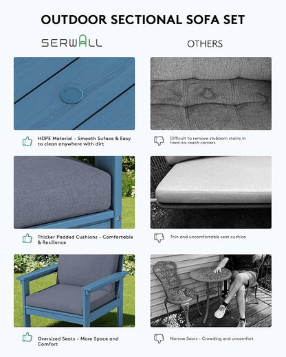 SERWALL HDPE Patio Conversation Set, 6-piece Sectional Outdoor Furniture Set, All Weather Outdoor Couch Set Patio Furniture Set for Deck, Lawn, Blue Frame with Grey Cushion