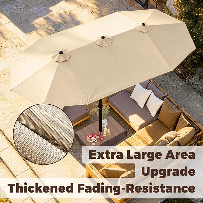GDPFN 13FT Large Patio Umbrella, Outdoor Deck Standing Umbrella with Crank Handle, Double-Side Rectangular Pool Umbrella for Outside, Market, Patio, Beige (Base Not Include)