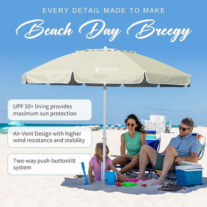 AMMSUN 8 Feet Large Beach Umbrella with Sand Anchor Heavy Duty High Wind Portable Outdoor Umbrellas UV 50+ Protection Air Vent Tilt Patio Garden Pool
