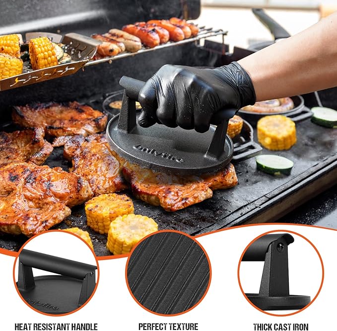 onlyfire Cast Iron Grill Press, Heavy-Duty Smash Burger Press Meat Steak with Handle for Griddle, 6” Grill Press for Hamburger, Bacon, Meat, Steak, Patty