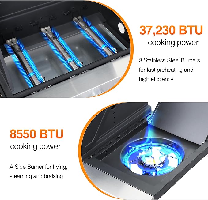 3-Burner Propane Gas Grill for Backyard - 39,000 BTU BBQ with Side Burner, Porcelain Cast Iron Grates, Stainless Steel Outdoor Grill for Camping & Tailgating, Fast Heating