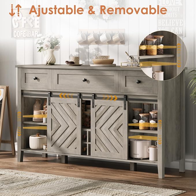 CABIHOME Farmhouse 47.2'' Buffet Cabinet with Sliding Barn Door, 33.4'' Tall Wood Rustic Sideboard with 3 Drawer, Adjustable Shelf and Removable Wine Rack (Vintage, 59'')