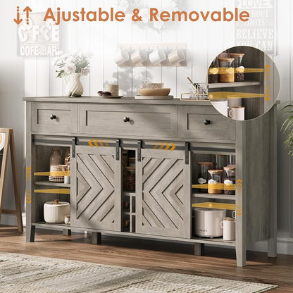 CABIHOME Farmhouse 47.2'' Buffet Cabinet with Sliding Barn Door, 33.4'' Tall Wood Rustic Sideboard with 3 Drawer, Adjustable Shelf and Removable Wine Rack (Vintage, 59'')