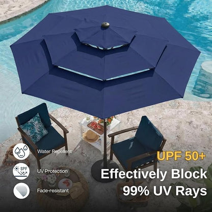10ft 3 Tier Patio Umbrella, Outdoor Market Table Umbrella with UPF 50+ Vented Canopy, 8 Sturdy Ribs, Easy Push Button Tilt and Crank, Windproof for Deck, Pool, Backyard and Garden