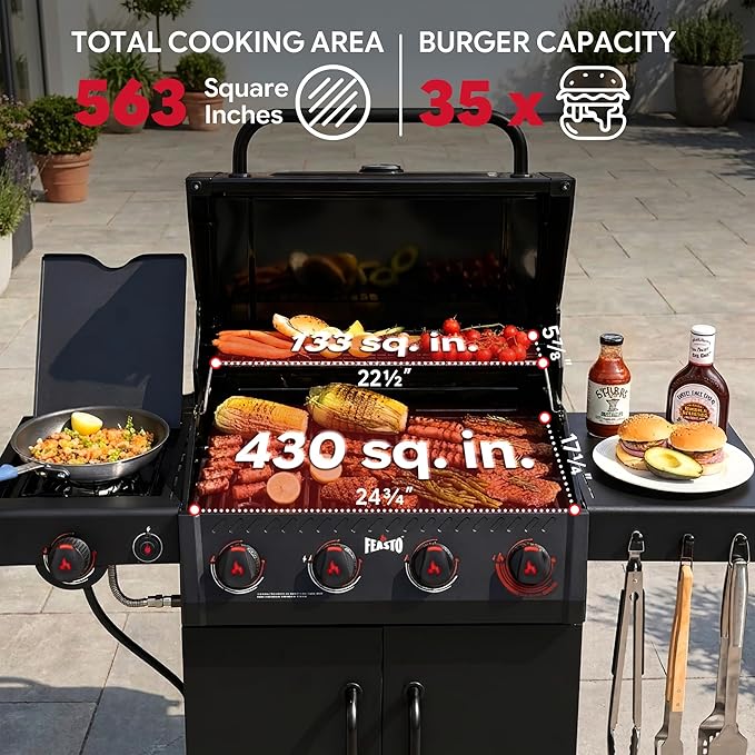 Feasto 4-Burner Propane Gas Grill w/Sear & Side Burner, Porcelain-Enameled Main Body and Lid, 49,500 BTU Outdoor BBQ Grill, 563 Sq. In. Cooking Area, Cabinet Storage, Backyard Patio Grill, Black