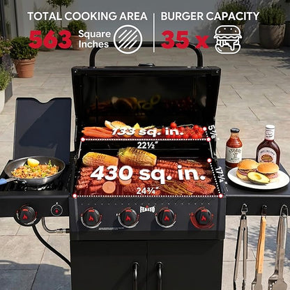 Feasto 4-Burner Propane Gas Grill w/Sear & Side Burner, Porcelain-Enameled Main Body and Lid, 49,500 BTU Outdoor BBQ Grill, 563 Sq. In. Cooking Area, Cabinet Storage, Backyard Patio Grill, Black
