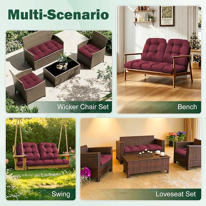 Outdoor Wicker Chair Cushions, 44×19×4 in, Waterproof, Burgundy | Waterproof Wicker Furniture Cushions, Fade Resistant, 3 Piece Patio Furniture Cushions Set for Bench, Loveseat, Swing, Settee