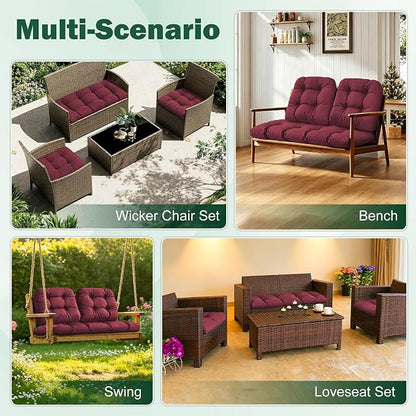 Outdoor Wicker Chair Cushions, 44×19×4 in, Waterproof, Burgundy | Waterproof Wicker Furniture Cushions, Fade Resistant, 3 Piece Patio Furniture Cushions Set for Bench, Loveseat, Swing, Settee