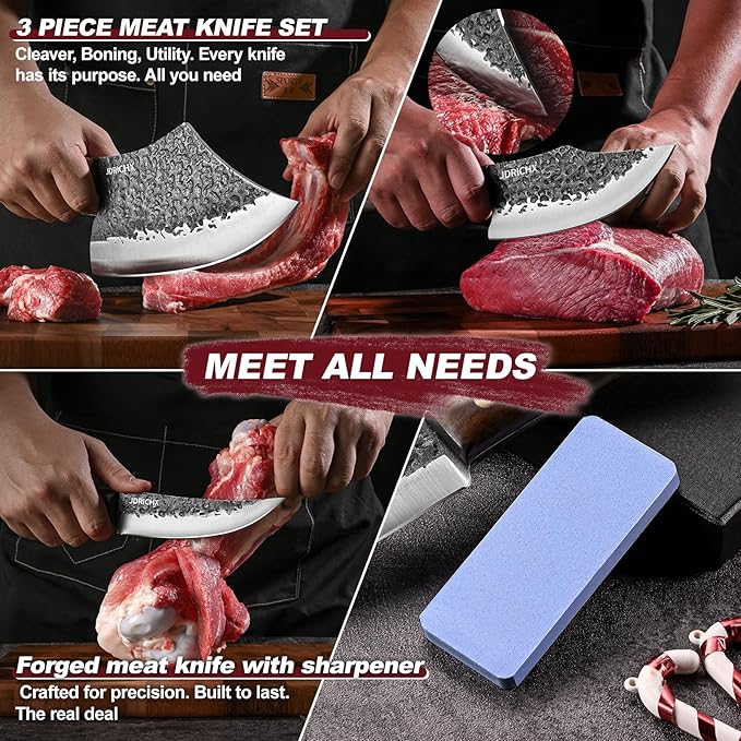 3PCS Butcher Knife Set, Hand Forged Meat Cleaver & Boning Knife Set with Full Tang Handle, High Carbon Steel BBQ Knife Set for Meat Cutting, Camping, Outdoor Cooking & Gifts for Men
