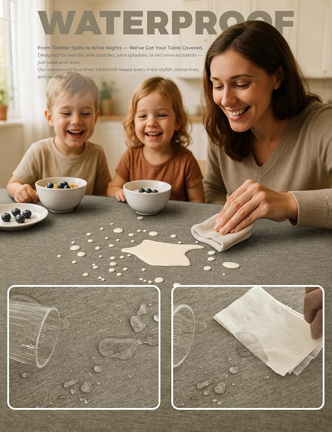 Decorelia Faux Linen Farmhouse Table Cloth 60"x120" for Rectangle Table, Natural Waterproof Outdoor Washable Cloth Tablecloth for Rectangular Dining Room Kitchen Outdoor Party Restaurant Decor