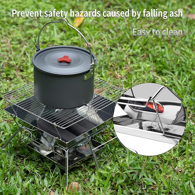 Tentock Folding Campfire Grill, Portable Fire Pit Grill for Camping, bbq Grill Charcoal 304 Stainless Steel Grate Barbeque Grill with Carrying Bag