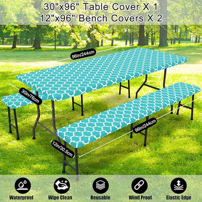 Smiry Picnic Table Cover with Bench Covers, Waterproof Elastic Fitted Tablecloth for 8 Foot Tables, Washable Polyester Tablecloths for Camping, Indoor & Outdoor (Teal, 30x96 Inch 3-pc Set)