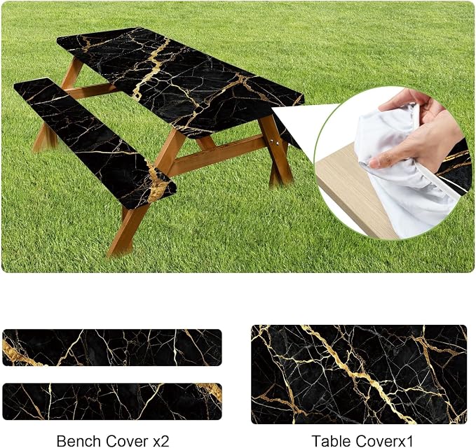 FOREVER QUEEN Picnic Table Cover with Bench Covers 72in,Waterproof Windproof Fitted Tablecloth, Black Marble with Gold Veins Camping Essentials with Drawstring Bag for Patio,Park & Backyard