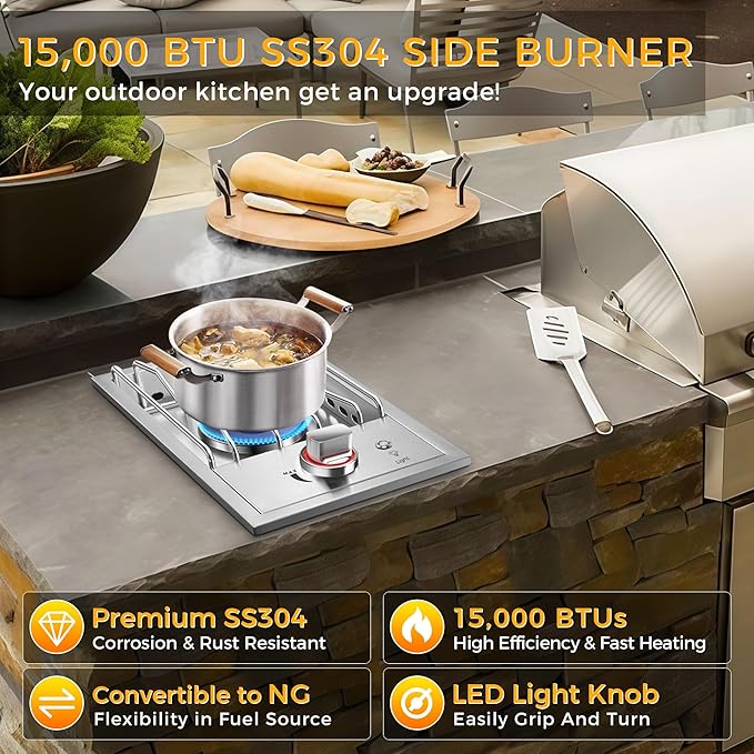 Grilling Side Burners for Outdoor Kitchen, 18,000BTU Liquid Propane Side Burner,Convertible to Nature Gas, Duty Heavy 304 Stainless Steel, Single Burner for BBQ Island Grill, Black