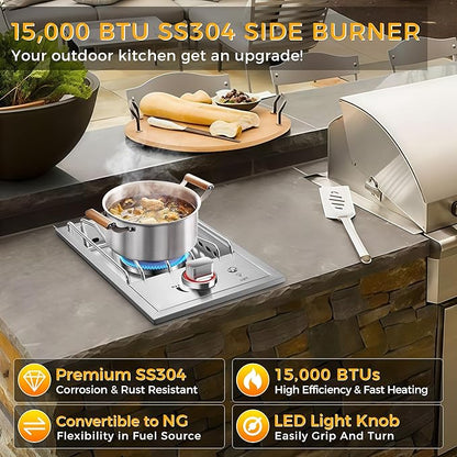 Grilling Side Burners for Outdoor Kitchen, 18,000BTU Liquid Propane Side Burner,Convertible to Nature Gas, Duty Heavy 304 Stainless Steel, Single Burner for BBQ Island Grill, Black