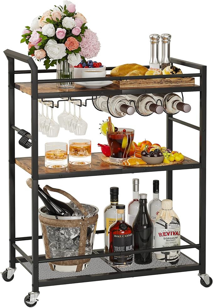 3 Tier Bar Cart, Small Beverage Cart, Mini Bar Cart with Wine Rack, Home Bar Serving Cart with Wheels for Kitchen Dining Living Room (Rustic Brown, General) GBC507R