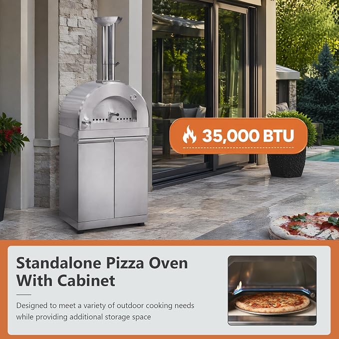 112-Inch 304 Stainless Steel Outdoor Kitchen Island Grill with Pizza Oven, Wine Cooler, Rotisserie, Granite Countertops & Storage Cabinets – 108000 BTU Total Heat Output, Silver