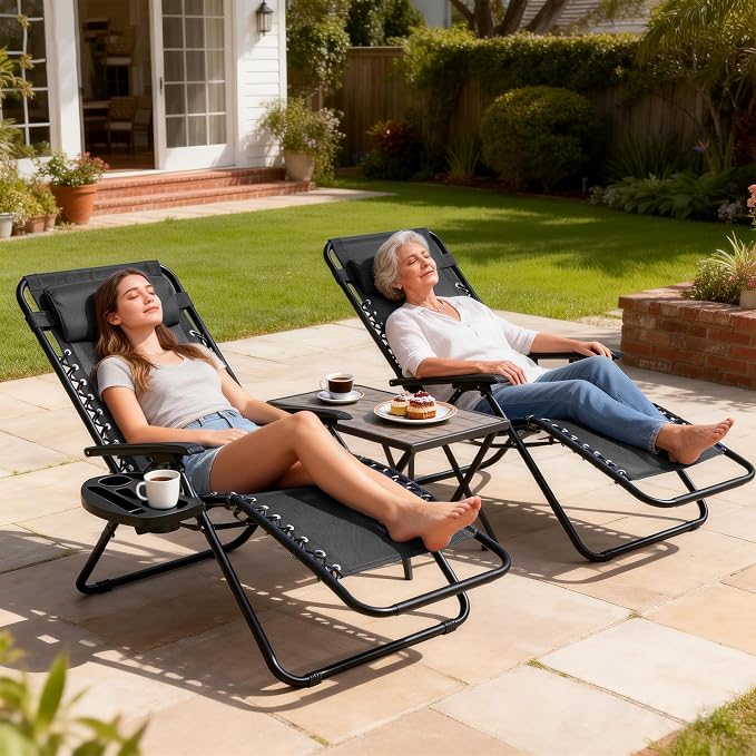 2-Pack Zero Gravity Lounge Chair Recliners - Adjustable Steel Frame with Removable Headrests & Cup/Phone/Tablet Trays - 330LBS Capacity - Light Black