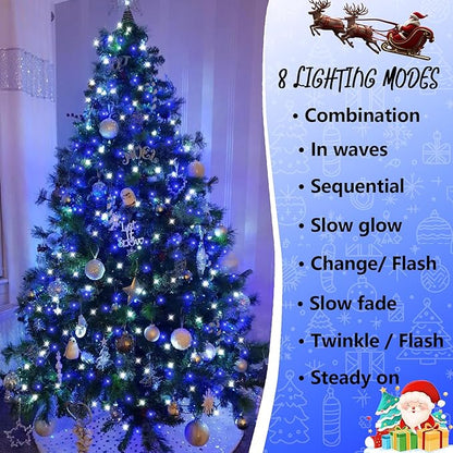 YEGUO 165ft 500 LED String Lights Outdoor Waterproof, Blue and White Christmas Light Indoor, 8 Modes Green Wire Twinkle Tree Lights Plug in with Memory Timer