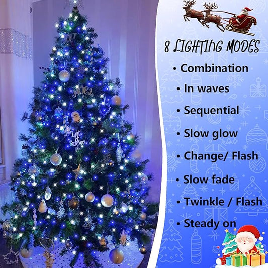 YEGUO 165ft 500 LED String Lights Outdoor Waterproof, Blue and White Christmas Light Indoor, 8 Modes Green Wire Twinkle Tree Lights Plug in with Memory Timer