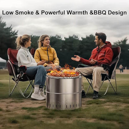 OutVue 19 inch Stainless Steel Smokeless Fire Pit with Grill, Outdoor Smokeless Firepit, Wood Burning Fire Pits for Camping, Bonfire, Low Smoke Firepit for Outside (Vertical Hole)