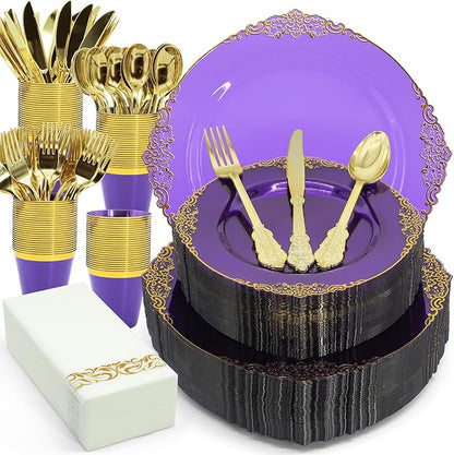 AIRE 175PCS Purple Gold Plastic Plates for Party Dinnerware Sets for 25 Guests, Vintage Disposable Plastic Party Plates Cups Spoons Forks Knives Napkins for Wedding Birthday Christmas BBQ Parties