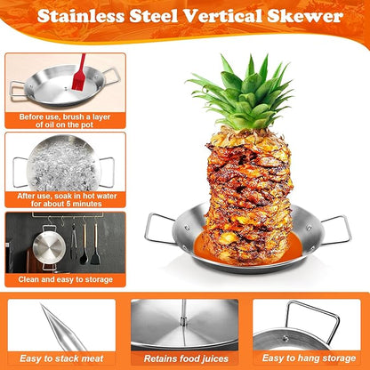 Al Pastor Skewer for Grill, Shawarma Skewer Stand, Stainless Steel Brazilian Vertical Spit with 3 Removable Spikes(8”/10"/12”)& Brushes, for Tacos Al Pastor, Grill Smoker Oven BBQ