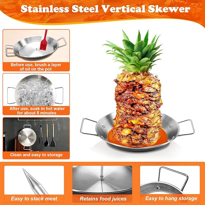 Al Pastor Skewer for Grill, Shawarma Skewer Stand, Stainless Steel Brazilian Vertical Spit with 5 Removable Spikes(6"/8”/10"/12”/14")& Brushes, for Tacos Al Pastor, Grill Smoker Oven BBQ