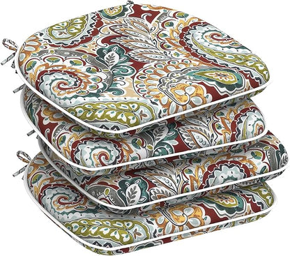 DYTXIII Set of 4 Outdoor Chair Cushions with Ties,Water Repellent Patio Chair Pads 17"x 16" for Outdoor Furniture,Round Corner Seat Cushions for Garden Yard Kitchen Paisley Chilli
