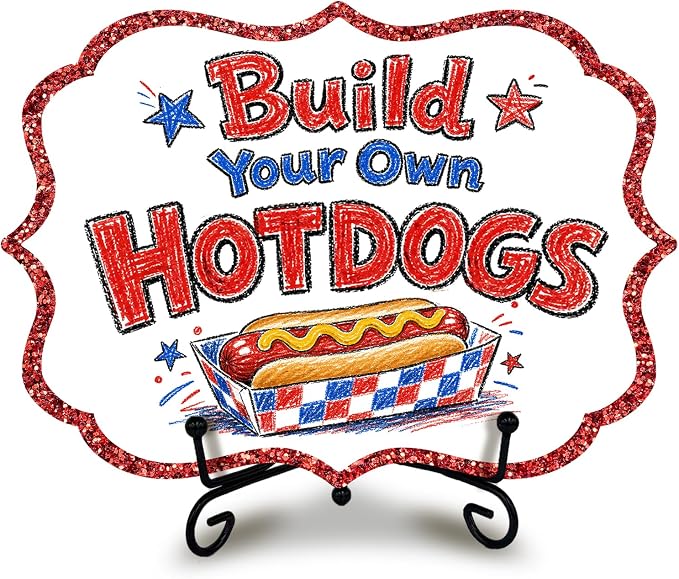 Wooden Patriotic Table Sign for Hot Dog Station, Fourth of July BBQ Buffet Decor with Metal Stand, 5 x 7 Inch Independence Day Food Display for Food Truck, Restaurant, Summer Party - A03