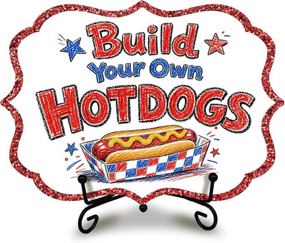 Wooden Patriotic Table Sign for Hot Dog Station, Fourth of July BBQ Buffet Decor with Metal Stand, 5 x 7 Inch Independence Day Food Display for Food Truck, Restaurant, Summer Party - A03