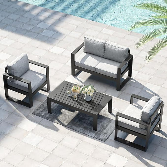 LayinSun Outdoor Patio Aluminum Loveseat, Metal Modern 2-Seat Sofa with Washable Thick Cushions