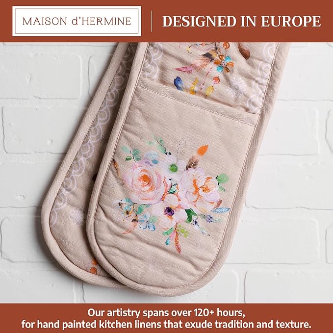 Maison d' Hermine Double Oven Mitts 100% Cotton 7"x35" Double Oven Mitt Heat Resistant BBQ Cooking Gloves with Loop Baking Grilling Kitchen Hotel Home Farmhouse Spring Summer (Ibiza - Beige)